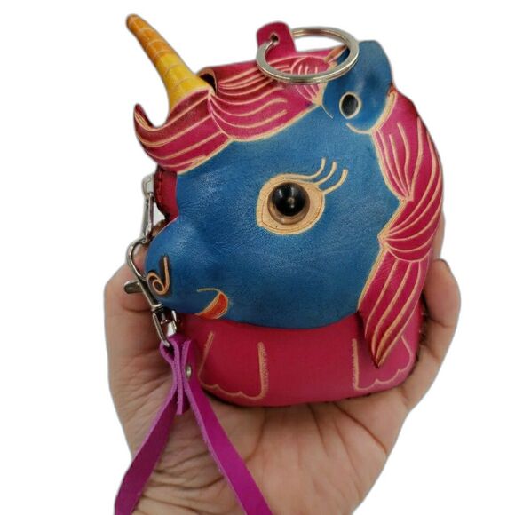 Unicorn Leather Wristlet Wallet Handmade Tooled Coin Purse Keychain Fantasy Gift - Picture 2 of 13